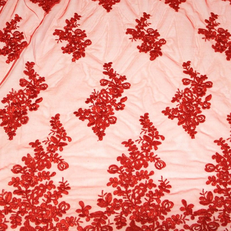 Tulle brodé fleuri - Rouge