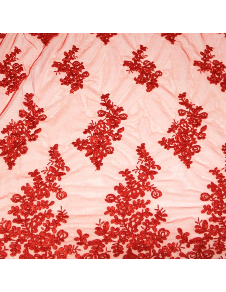 Tulle brodé fleuri - Rouge