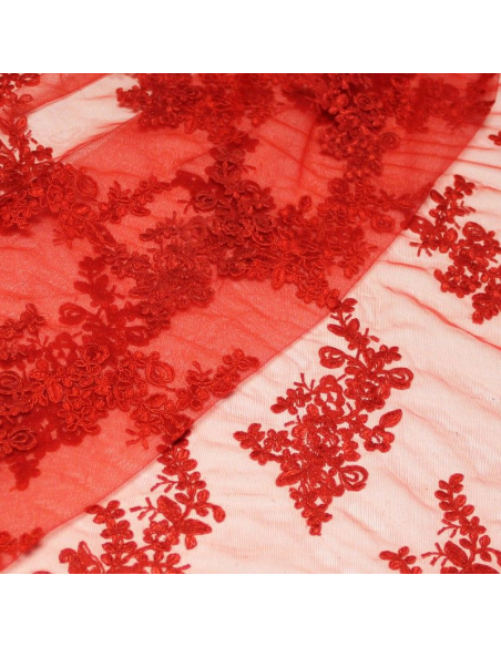 Tulle brodé fleuri - Rouge