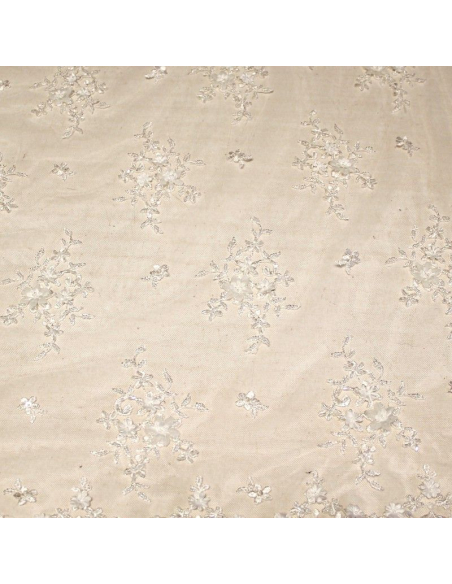 Tulle brodé perlé - Fleuri blanc