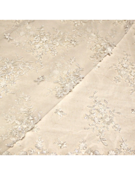 Tulle brodé perlé - Fleuri blanc