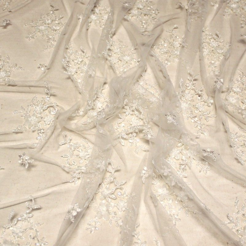 Tulle brodé perlé - Fleuri blanc