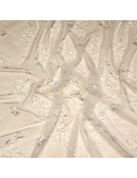 Tulle brodé perlé - Fleuri blanc
