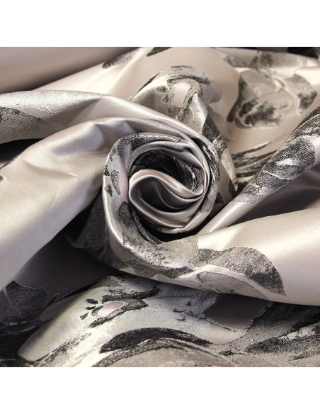 Tissu broché - Motif fleur gris fond lila 