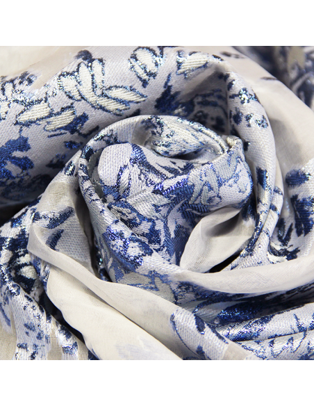 Organza de soie jacquard lancé découpé  - Feuillage bleu éléctrique nacré