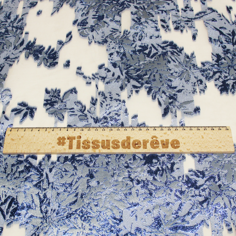 Organza de soie jacquard lancé découpé  - Feuillage bleu éléctrique nacré