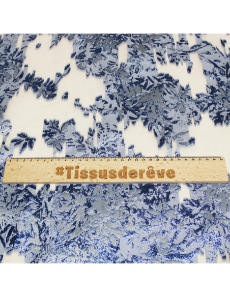 Organza de soie jacquard lancé découpé  - Feuillage bleu éléctrique nacré