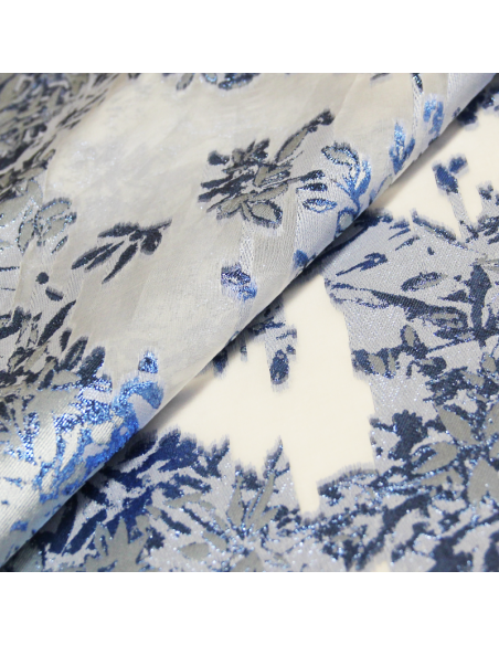 Organza de soie jacquard lancé découpé  - Feuillage bleu éléctrique nacré