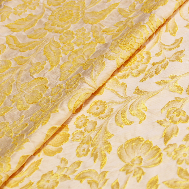Tissu broché - Floral jaune citron fond écru