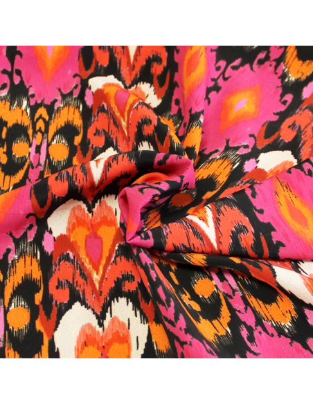 Crêpe 100% polyester - Motif tribal & coeur rose et orange fond noir