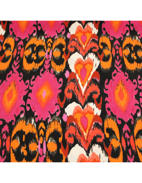 Crêpe 100% polyester - Motif tribal & coeur rose et orange fond noir