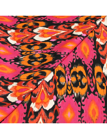 Crêpe 100% polyester - Motif tribal & coeur rose et orange fond noir