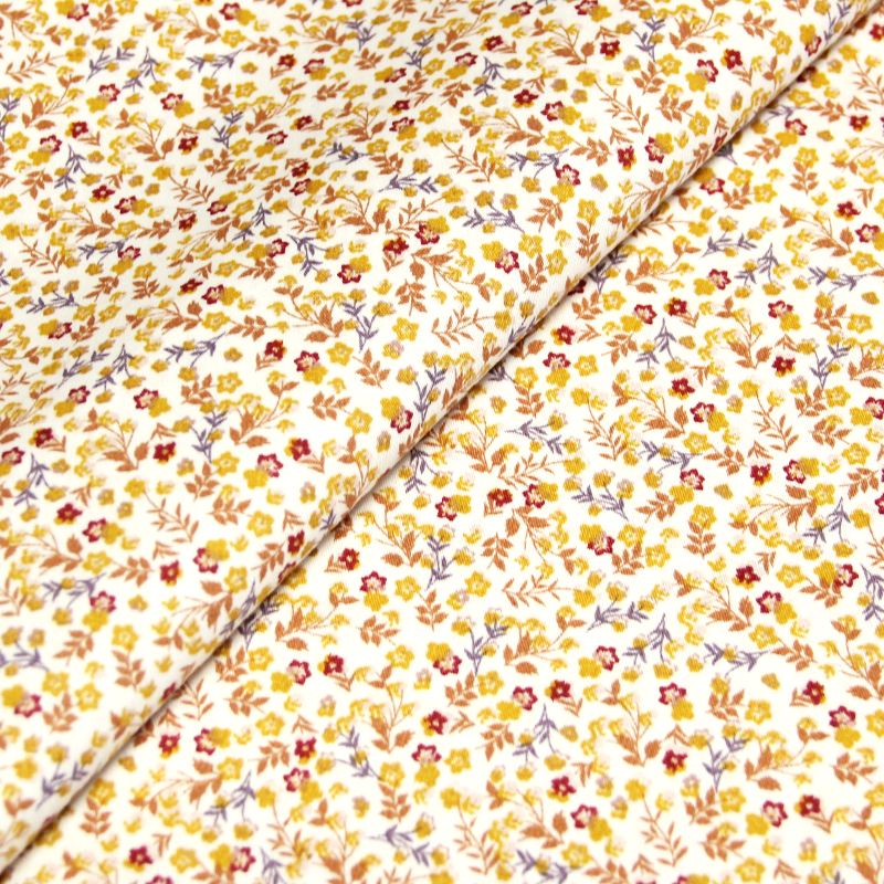 Popeline 100% coton - Petite fleur rouge & moutarde fond blanc