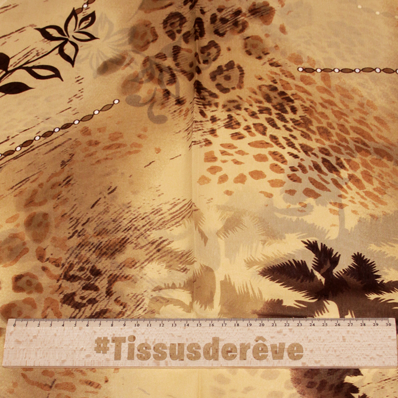 Foulard 100% soie - Fauve & palmier fond moka