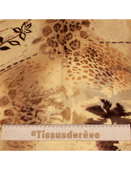 Foulard 100% soie - Fauve & palmier fond moka