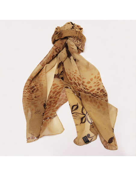 Foulard 100% soie - Fauve & palmier fond moka