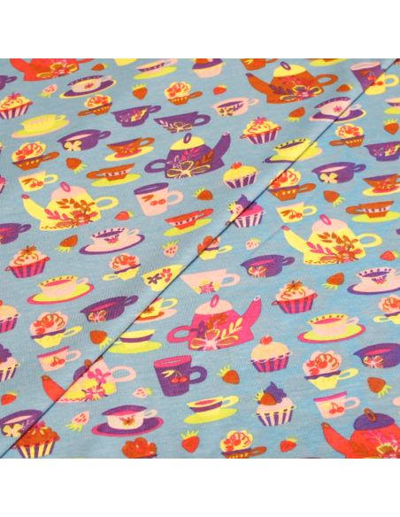 Jersey imprimé - Thé fond bleu