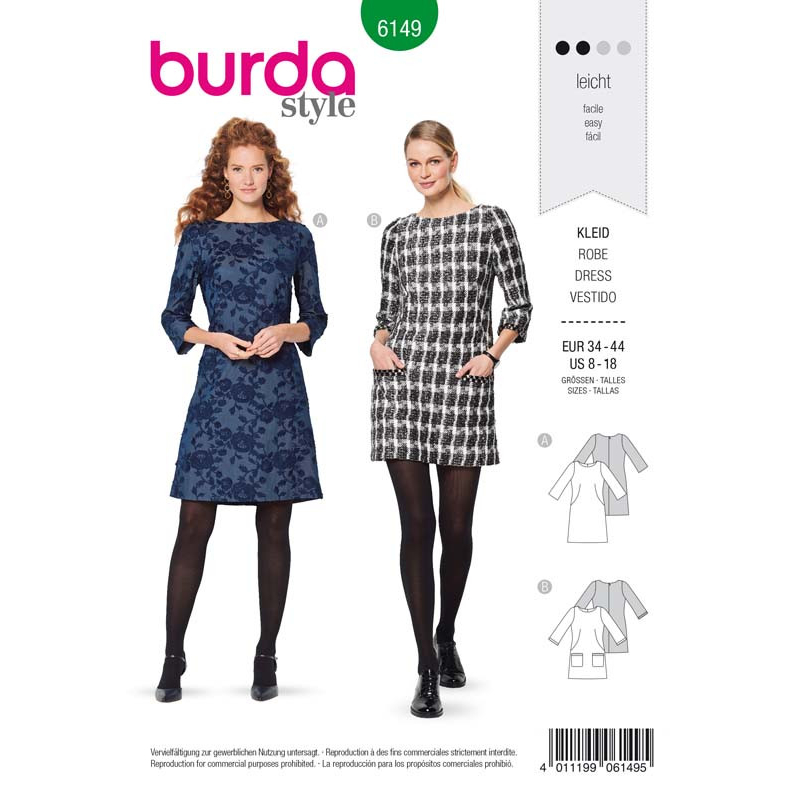 Patron Burda 6149 - Robe encolure dégagée arrondie manches