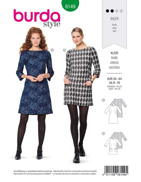 Patron Burda 6149 - Robe encolure dégagée arrondie manches