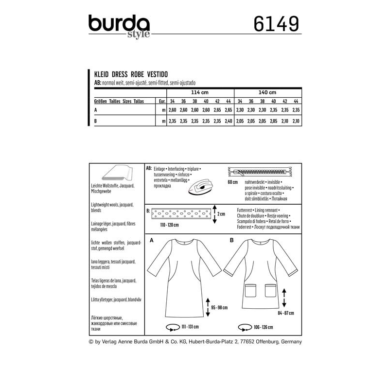 Patron Burda 6149 - Robe encolure dégagée arrondie manches