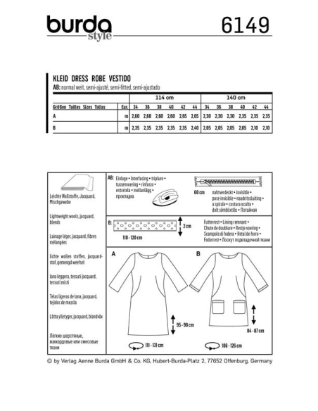 Patron Burda 6149 - Robe encolure dégagée arrondie manches