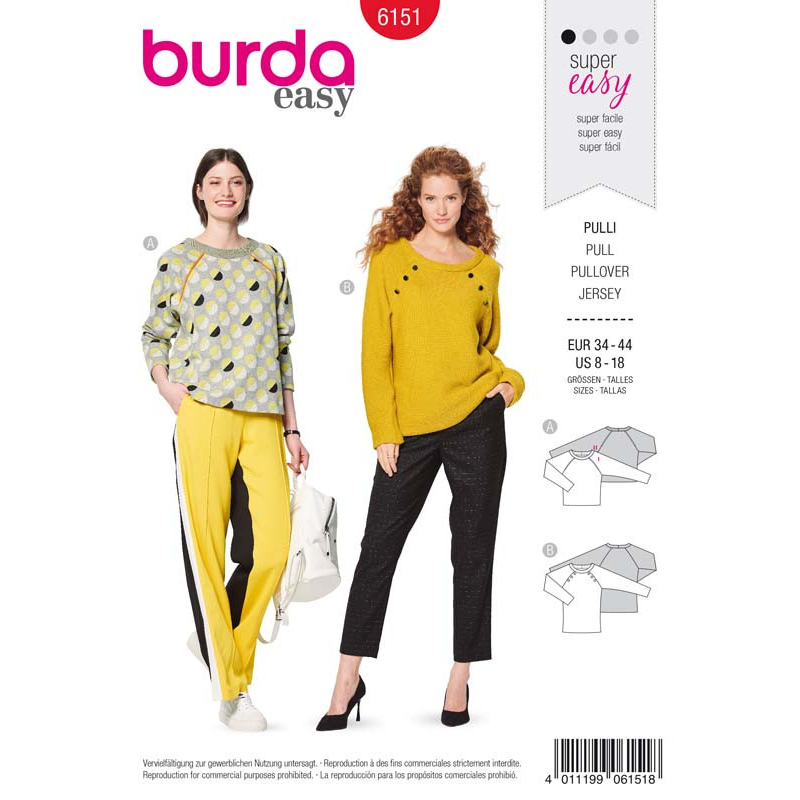 Patron Burda 6151 - Sweater à manches raglan orné de boutons ou d'un passepoi