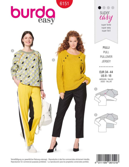 Patron Burda 6151 - Sweater à manches raglan orné de boutons ou d'un passepoi