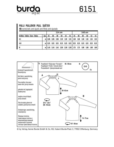 Patron Burda 6151 - Sweater à manches raglan orné de boutons ou d'un passepoi