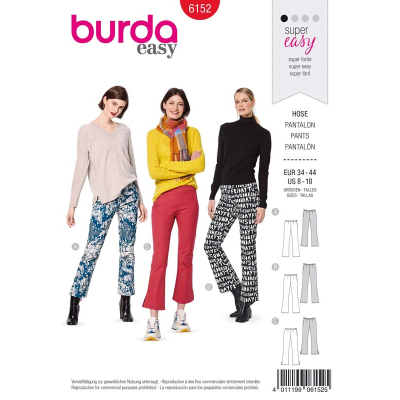 Patron Burda 6152 - Pantalon pattes d'éléphant avec ceinture et fermeture à glissière sur le côté