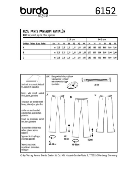 Patron Burda 6152 - Pantalon pattes d'éléphant avec ceinture et fermeture à glissière sur le côté