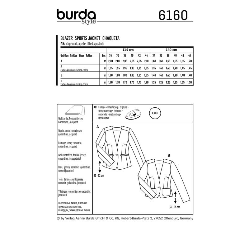 Patron Burda 6160 - Veste blazer encolure en V