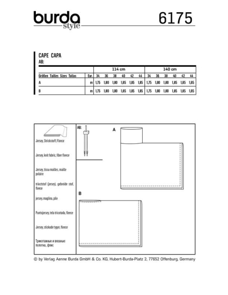 Patron Burda 6175 - Cape rectangulaire à col roulé