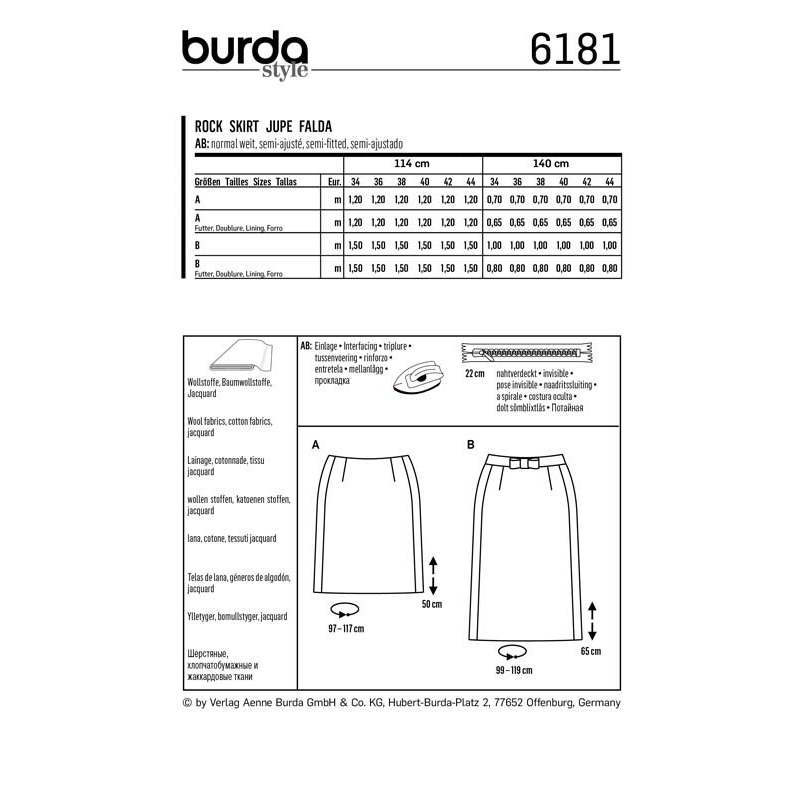 Patron Burda 6181 - Jupe forme légèrement évasée coutures de découpe latérales