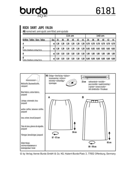 Patron Burda 6181 - Jupe forme légèrement évasée coutures de découpe latérales