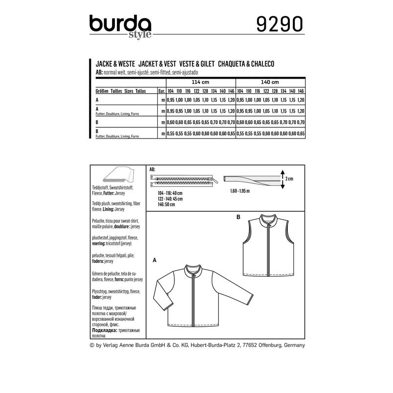 Patron Burda 9290 - Veste gilet avec fermeture à glissière bords gansés