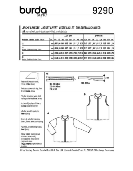 Patron Burda 9290 - Veste gilet avec fermeture à glissière bords gansés