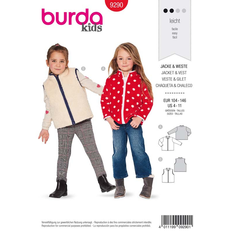 Patron Burda 9290 - Veste gilet avec fermeture à glissière bords gansés