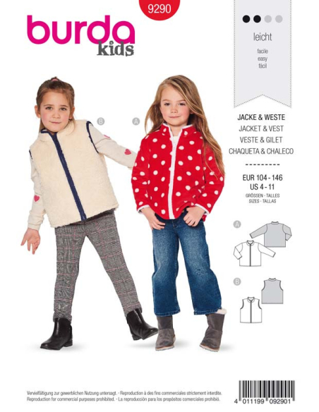 Patron Burda 9290 - Veste gilet avec fermeture à glissière bords gansés