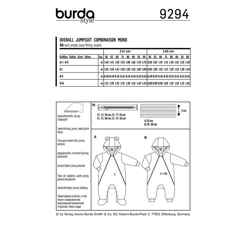Patron Burda 9294 - Combinaison bébé zippée capuche