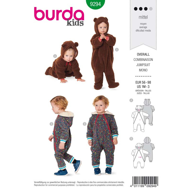 Patron Burda 9294 - Combinaison bébé zippée capuche