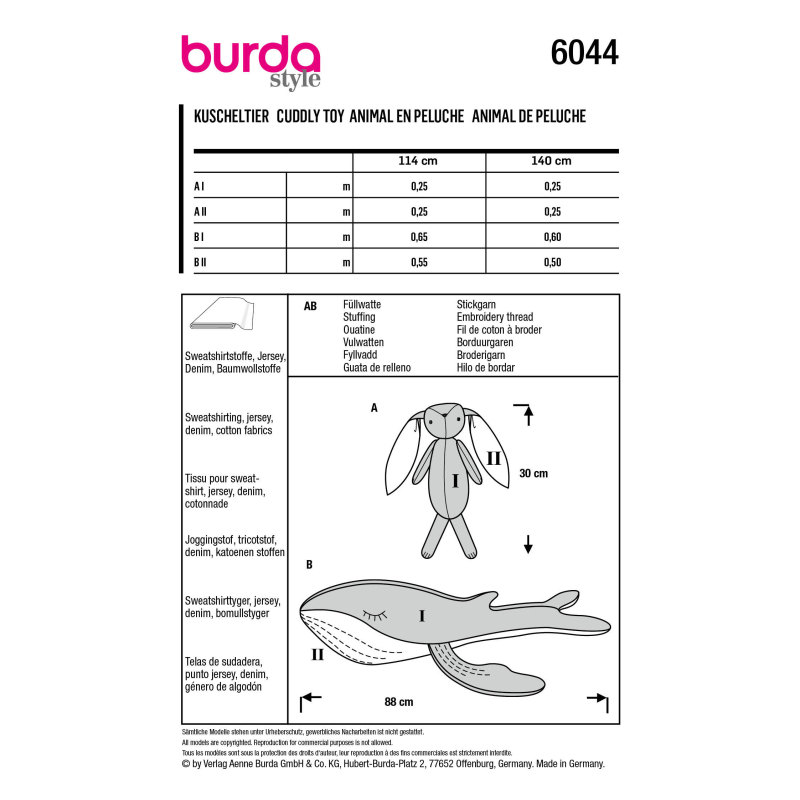 Patron Burda 6044 - Peluches - lapin et baleine
