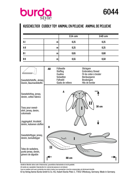 Patron Burda 6044 - Peluches - lapin et baleine