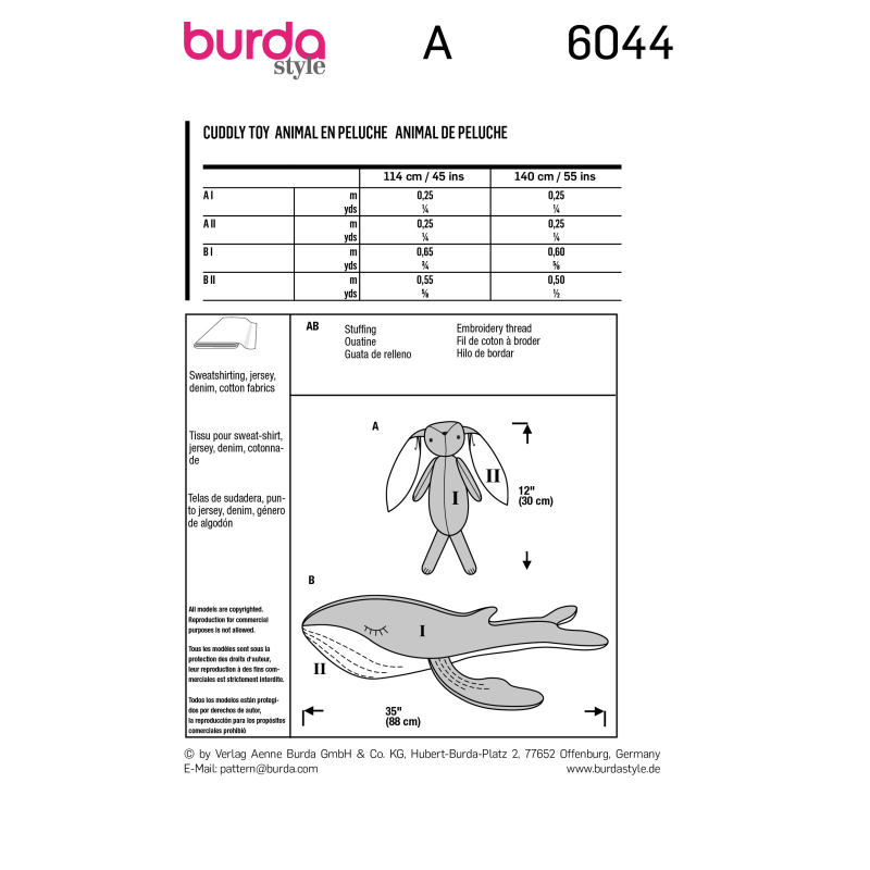 Patron Burda 6044 - Peluches - lapin et baleine