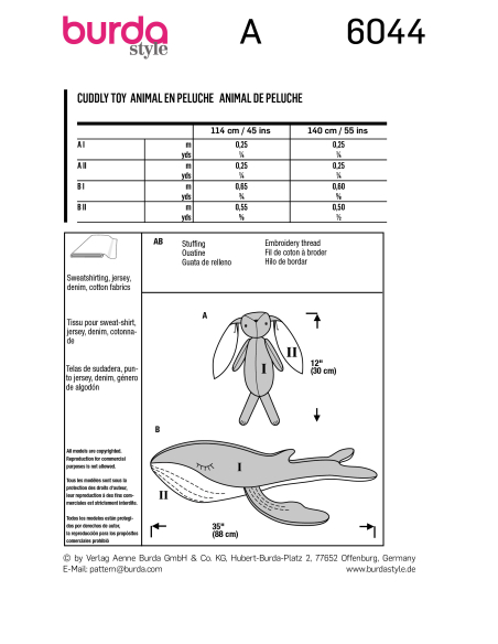 Patron Burda 6044 - Peluches - lapin et baleine
