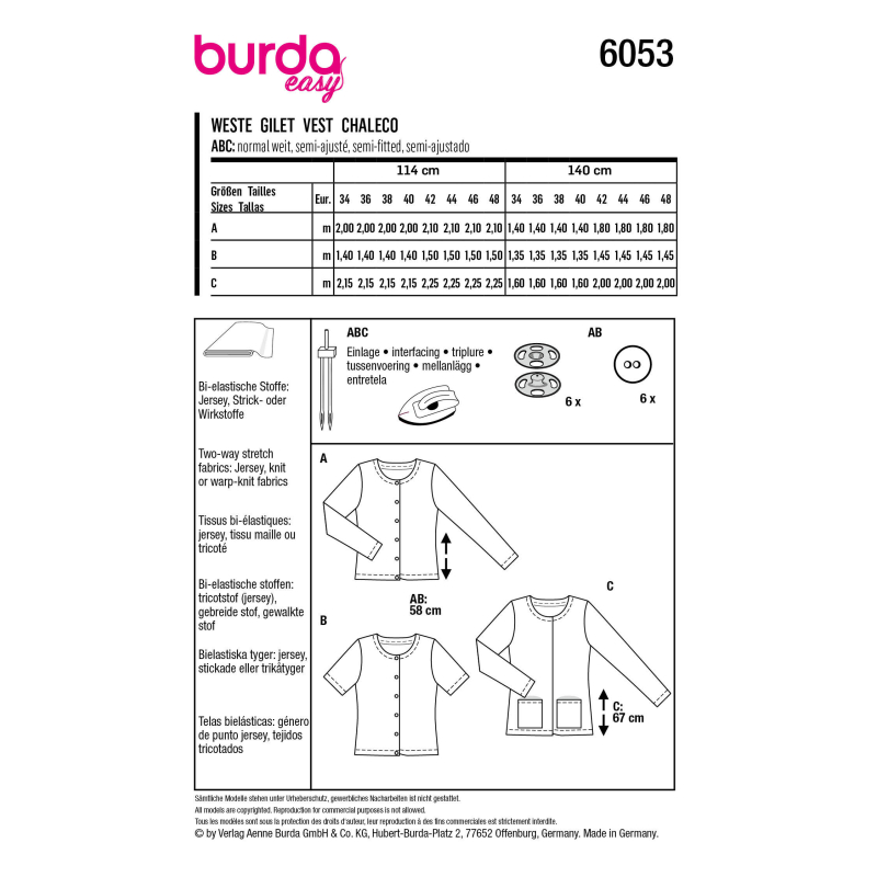 Patron Burda 6053 - Cardigan Femme à encolure ronde