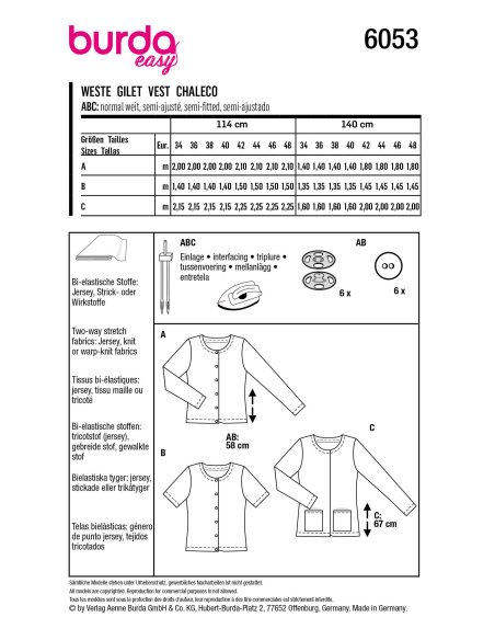 Patron Burda 6053 - Cardigan Femme à encolure ronde