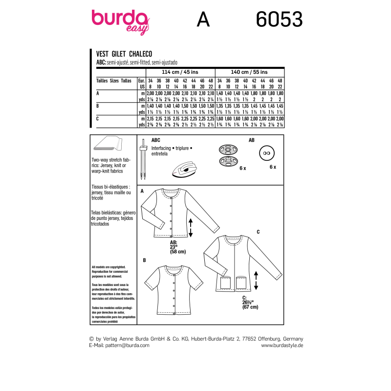 Patron Burda 6053 - Cardigan Femme à encolure ronde