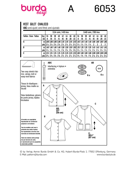 Patron Burda 6053 - Cardigan Femme à encolure ronde