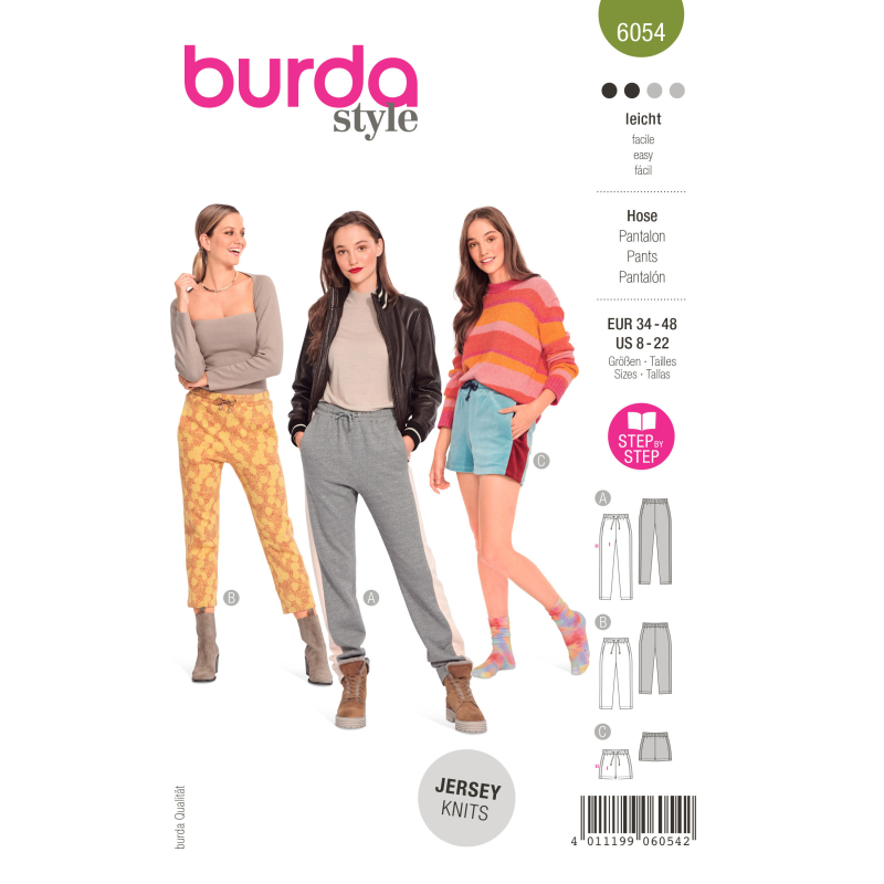Patron Burda 6054 - Pantalons de jogging Femme en trois longueurs avec bandes latérales