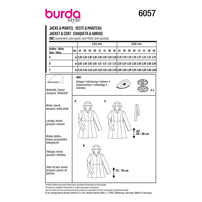 Patron Burda 6057 - Manteau, veste avec découpes et capuche